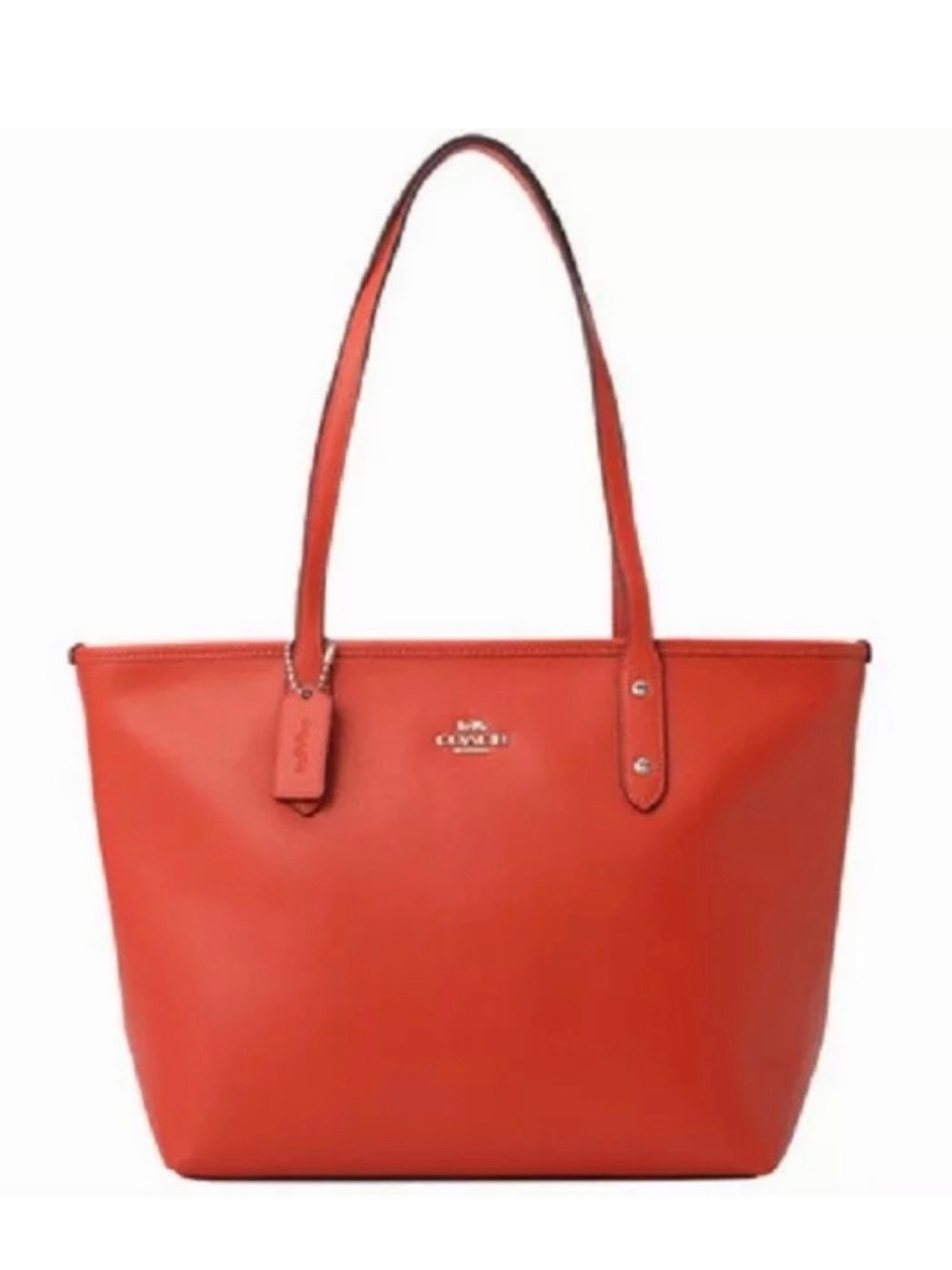 Coach Orange-Red Leather Tote with Logo Charm